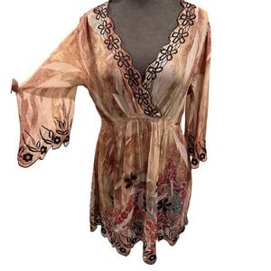 Mushka by Sienna Rose Womens Boho Paisley Floral Embroidered Tunic Top Medium